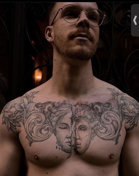 Greek Chest Tattoo Men, Mythology Chest Tattoo, Greek Mythology Tattoos Chest, Chest Peices Tattoos For Men, Realism Chest Tattoo, Greek Chest Tattoo, Pec Tattoo Men, Chest Piece Tattoo Men Design, Male Chest Tattoos