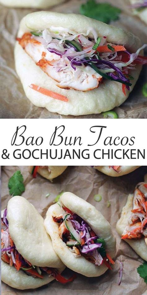 Bao Bun Tacos with Gochujang Chicken and Banh Mi Slaw - this recipe is the ultimate combo of amazing flavors.  Homemade Bao Buns that are stuffed up with marinated and roasted gochujang chicken and topped off with a fresh banh mi coleslaw! Slaw Tacos, Gochujang Recipe Chicken, Chicken Tinga Tacos Recipe, Chicken Tinga Recipe, Gochujang Recipe, Gochujang Chicken, Billy Parisi, Bao Buns, Easy Chinese Recipes