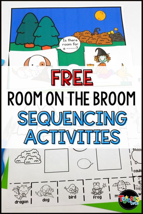 Story sequence pop-ups are a new, exciting way for little learners to retell a story by acting it out, with NO prep! You can try them for FREE when you sign up for my weekly teaching tips! Activities for Room on the Broom by Julia Donaldson are included! Room On The Broom Math Activities, Room In The Broom Activities, Room On The Broom Sequencing, Room On The Broom Activities Preschool, Room On A Broom Activities For Kids, Room On The Broom Preschool, Preschool Sequencing, Room On The Broom Activities, Kindergarten Invitations