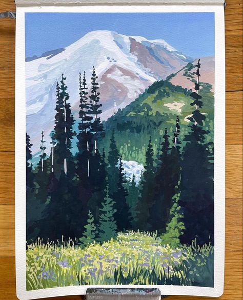 Gauche Landscape Painting, Gouache Mountain Painting, Mount Rainier Painting, Gouache Painting Mountains, Gouache Painting Landscape, Guash Painting Ideas, Gouche Painting Landscapes, Gouache Mountains, Gouache Art Landscape