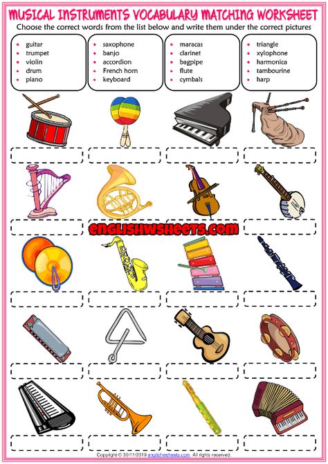 Musical Instruments ESL Matching Exercise Worksheet For Kids Vocabulary Games For Kids, Music Basics, Test For Kids, Music Teaching Resources, Homeschool Music, Music Lessons For Kids, Kids Musical Instruments, First Grade Worksheets, Kids Worksheets Printables