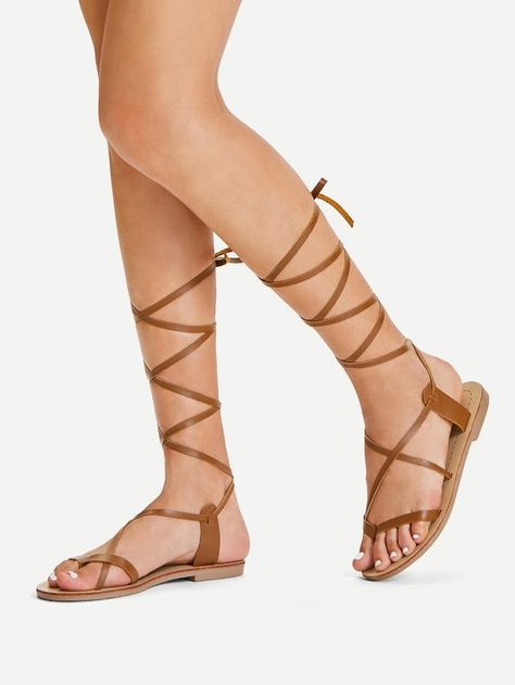 Lace Up Knee High Gladiator Sandal Boots -SheIn(Sheinside) Tan Gladiator Sandals, Knee High Gladiator Sandals, Tie Up Flats, High Gladiator Sandals, Sandal Boots, Gladiator Boots, Lace Up Gladiator Sandals, Gladiator Sandals Heels, Ankle Strap Sandals Flat