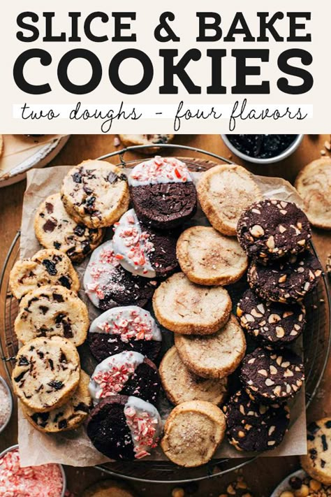 This is the perfect easy Christmas cookie recipe! Especially if you plan to bake for a crowd or want to ship cookies to your friends and family. With just 2 doughs, this recipe makes dark chocolate cherry, chai spiced cinnamon sugar, dark chocolate peppermint, and chocolate hazelnut cookies. #christmascookies #cookierecipe #shortbreadcookies #sliceandbake #butternutbakery | butternutbakeryblog.com Chai Spice Cookies, Ship Cookies, Slice And Bake Cookies, Chocolate Hazelnut Cookies, Butternut Bakery, Shipping Cookies, Hazelnut Cookies, Christmas Cookie Recipe, Easy Christmas Cookie Recipes