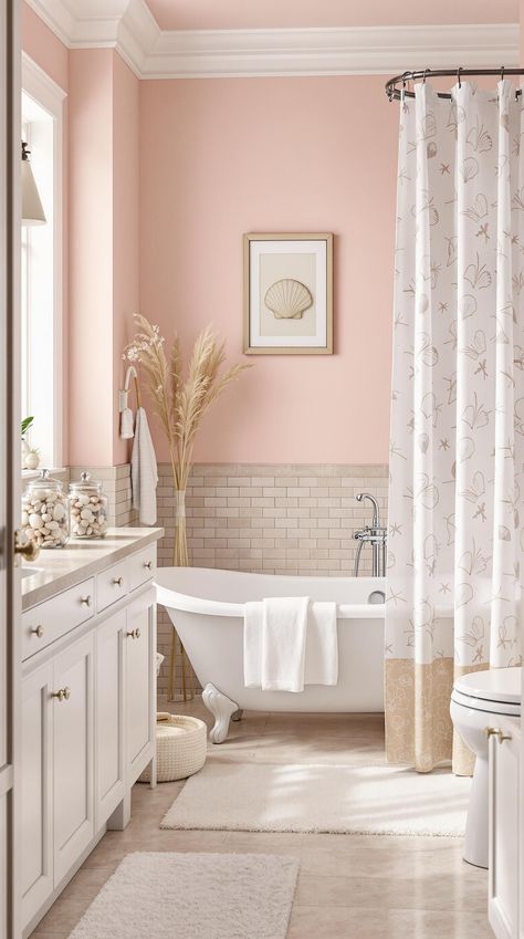 Coastal Bathroom Ideas Pink Coastal Bathroom, Seashell Arrangements, Pale Pink Bathroom, Coastal Bathroom Ideas, Peaceful Ocean, Pink Coastal, Girl Bathrooms, Natural Stone Countertops, Coastal Bathroom