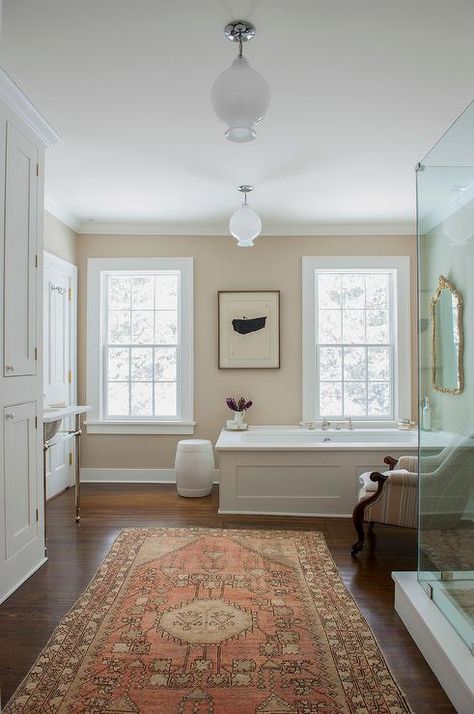 White and Tan Bathroom with Orange Wool Rug Nice Bathrooms, Farmhouse Bathroom Inspiration, Faux Wainscoting, Wainscoting Bathroom, Dining Room Wainscoting, Wainscoting Styles, Eclectic Farmhouse, Historic Renovation, Traditional Houses