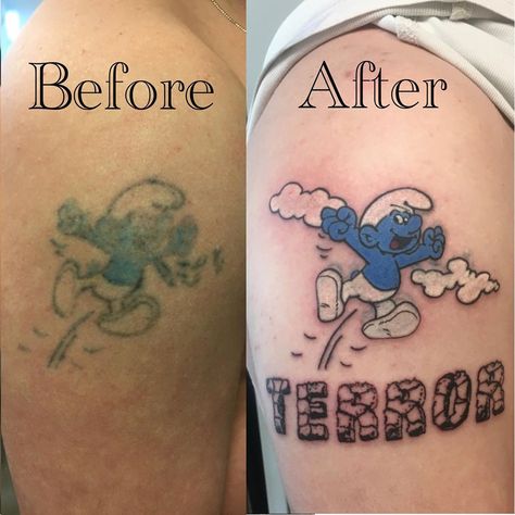 Blue Root Tattoo on Instagram: “Reparation day! Coverup / fixing plus extension of an old badly healed tattoo (not done by me) @terrorsmurf2.0 . #coveruptattoo #coverup…” Root Tattoo, Healed Tattoo, Blue Roots, Cover Up Tattoo, Up Tattoos, Touch Up, Tattoo On, Print Tattoos, Paw Print Tattoo