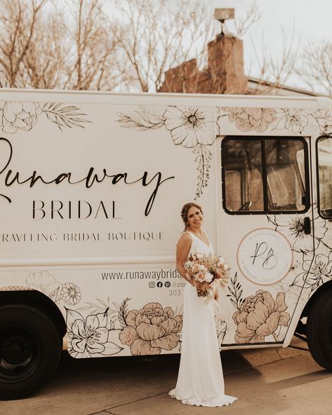 Why Use a Traveling Bridal Boutique? - Runaway Bridal Co Truck Boutique Ideas, Caravan Business Ideas, Trailer Wraps Ideas, Mobile Bridal Suite, Bridal Suite Ideas, Boutique Truck, Wine Truck, Bridal Shop Ideas, Van Signage