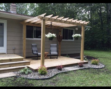 Pergola In Front Of House Entrance, Front Porch Pergola Addition, Porch Not Attached To House, Front Patio Pergola Ideas, Small Patio Front Of House, Adding A Pergola To Front Of House, Front Of House Pergola, Front Yard Pergola, Front Porch Pergola