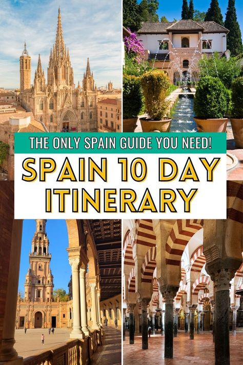 Get ready to explore Spain's stunning beauty and historical wonders in a comprehensive 10-day trip. Perfect for those who love adventure and culture. Spain 10 day itinerary | Spain 10 days Spain itinerary | 10 day trip to Spain | Spain travel 10 days in Spain | ten days in Spain | Spain bucket list | what to see in Spain | things to do in Spain | Spain road trip | Spain travel guide #spain 10 Days In Spain, Spain Travel Itinerary, Things To Do In Spain, Spain Bucket List, 10 Day Itinerary, Spain Road Trip, Barcelona Guide, Trip To Spain, Spain Tour