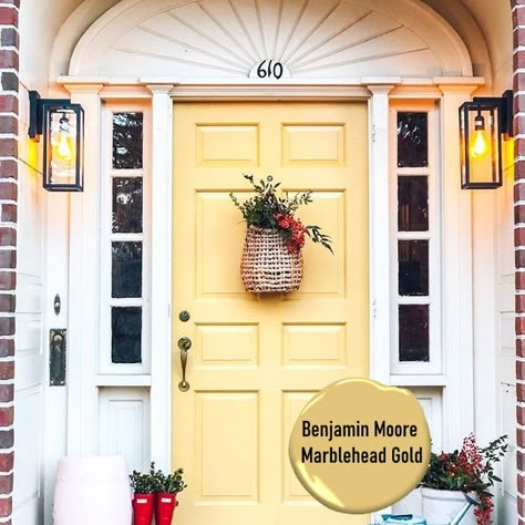 Benjamin Moore Most Loved Yellow Paint Colors - Interiors By Color - Marblehead Gold Benjamin Moore Yellow Paint Colors, Benjamin Moore Yellow, Yellow Front Door, Exterior Door Colors, Yellow Front Doors, Yellow Paint Colors, Front Door Paint Colors, Door Paint Colors, Paint Color Inspiration