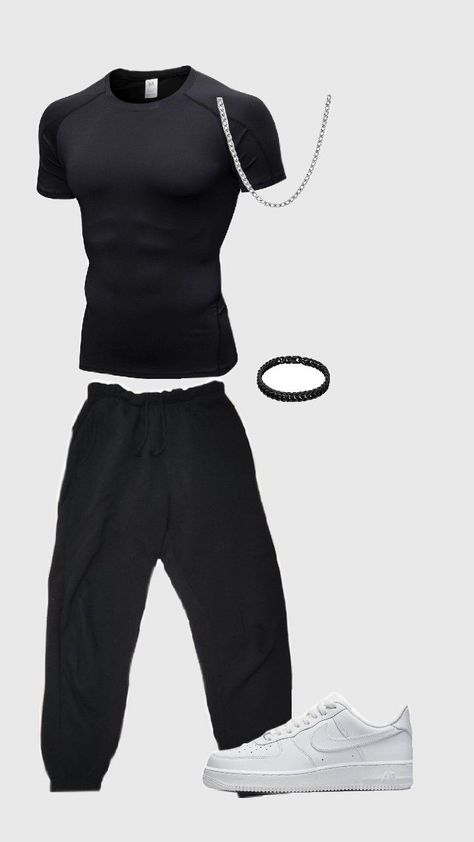 outfits for men, chill fits, casual outfit, compression shirt, compression shirt outfits, sweatpants, black sweatpants, black sweatpants outfits, men's sweatpants, chain, silver chain, men's jewelry, silver jewelry, Nike, white air forces, white Nike air forces, bracelets, men's bracelets, outfit inspo, outfit inspo for men T Shirt And Sweatpants Outfits Men, T Shirt And Sweatpants Outfits, Black Sweatpants Outfit Men, Black Sweatpants Outfits, Cute Athletic Outfits For School, Black Sweatpants Outfit, Outfit Inspo For Men, Outfits Sweatpants, Nike Air Forces