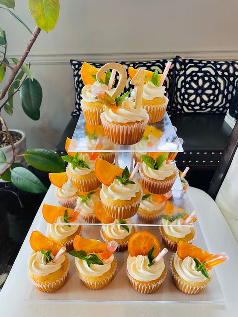 Cupcakes With Orange Slices, Citrus Bridal Shower Desserts, 21st Birthday Orange Theme, Citrus Decorated Cupcakes, Orange Theme Cupcakes, Orange Blossom Birthday Party, Citrus Dessert Table, Aperol Spritz Cupcakes, Oranges Themed Party