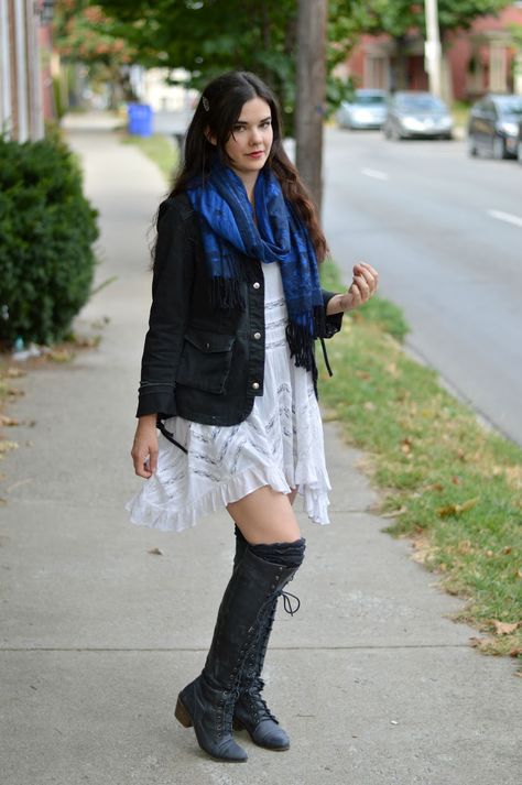 Lace Up White Boots Outfit, Tall Lace Up Boots Outfit, Slip Outfit, Calf Boots Outfit, Grunge Inspiration, Bohemian Fall Fashion, Tall Combat Boots, White Boots Outfit, Boot Outfits