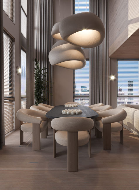 The PODYKH Apartment embodies modern interior design with its warm beige color palette, where the KHMARA Lamps by MAKHNO gently float above the dining area. The soft, rounded chairs complement the organic flow of the space, creating a seamless blend of comfort and elegance. The use of natural textures and materials highlights the apartment's ethos of lightness and naturalness, perfectly suited to its coastal setting. Double Height Dining Area, Double Height Dining Room, Organic Modern Apartment, Spanish Modern Homes, Organic Modern Dining Room, Coastal Apartment, Double Height Living Room, Beige Color Palette, Soft Chair