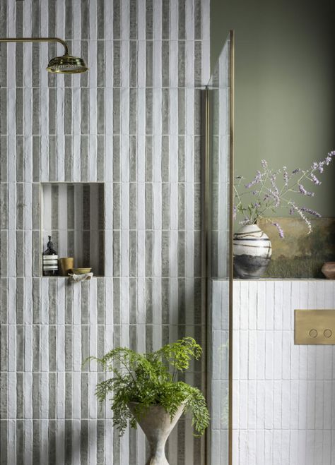 8 New Inspirational Bathroom Designs | Mandarin Stone Sage Green Tiles, Green Tile Bathroom, Mandarin Stone, Green Tiles, Striped Tile, Loft Bathroom, Herringbone Tile, Feature Tiles, Brick Tiles