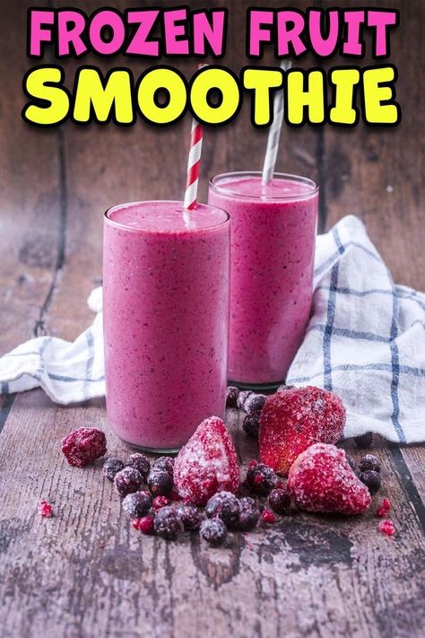 Two glasses of frozen fruit smoothie with a text title overlay. Frozen Berry Smoothie, Mixed Fruit Smoothie, Frozen Fruit Recipes, Frozen Fruit Smoothie, Smoothie Diet Challenge, Fruit Mixes, Diet Challenge, Easy Smoothie Recipes, Easy Smoothies