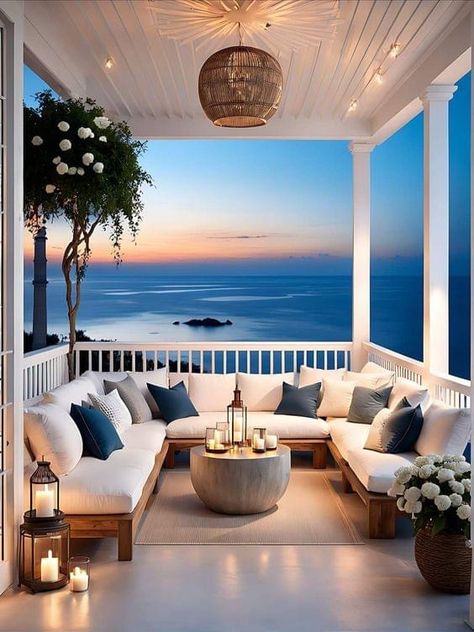 Beach House Balcony, Castle House Design, Dream House Aesthetic, Corner Seating, Retail Store Interior Design, House Balcony, Luxury Beach House, Coastal Room, Magical Home