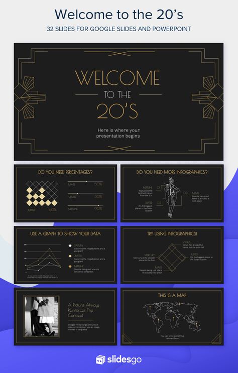 Enjoy the roaring twenties with this Art Déco presentation template for Google Slides and Powerpoint, 100% editable and free! #Slidesgo #FreepikCompany #freepresentation #freetemplate #presentations #themes #templates #GoogleSlides #PowerPoint #GoogleSlidesThemes #PowerPointTemplate #Art #History #Vintage Art Deco Powerpoint, The Roaring Twenties, Slide Presentation, The 20s, Presentation Ideas, Power Points, Art Jokes, Chalkboard Background, Art Deco Movement