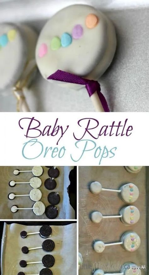 Easy Baby shower dessert ideas: Oreo baby rattles Baby Shower Snacks Boy, Baby Shower Desserts Boy, Oreo Cake Pops, Baby Shower Snacks, Desserts Ideas, Baby Shower Treats, Shower Desserts, Baby Shower Desserts