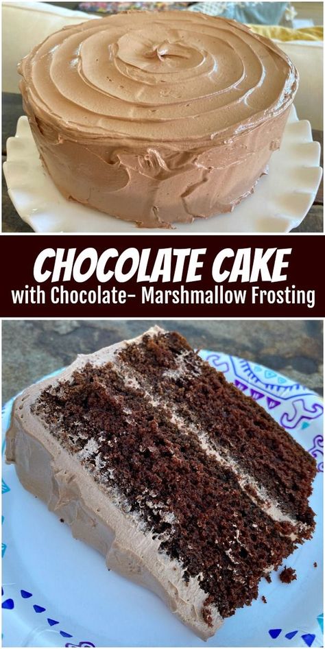 Chocolate Cake | Recipe | Cake recipes, Marshmallow frosting, Dessert recipes easy Chocolate Marshmallow Frosting, Marshmallow Frosting Recipe, Fluffy Chocolate Frosting, Bake Chocolate Cake, Chocolate Marshmallow Cake, Marshmallow Frosting Recipes, Cake Marshmallow, Marshmallow Cake, Easy To Bake