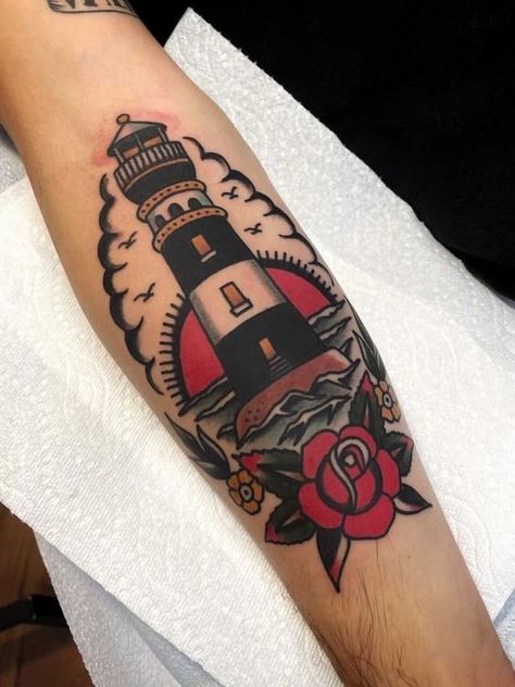 Traditional Lighthouse Tattoo, Lighthouse Tattoos, Traditional Tattoo Man, Traditional Tattoo Old School, Sailor Tattoos, Traditional Tattoo Inspiration, Sailor Jerry Tattoos, Traditional Style Tattoo, Lighthouse Tattoo