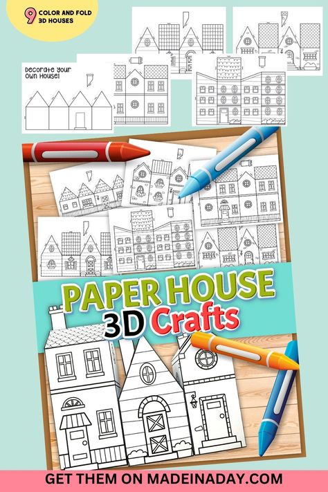 Create your own village with this super cute 3D paper house craft! Print and color in the pages. Cut out the houses, fold the edges, tape them together and enjoy! Coloring page of a house, coloring page house, 3d paper craft printable, 3D paper craft Paper City Printable For Kids, 3d House Printable, Pop Up House Template Free Printable, 3d House Template Free Printables, Paper Village Template Free Printable, 3d Paper Houses Free Printable, Paper People Template, Diy Paper House Templates, Free Paper Crafts