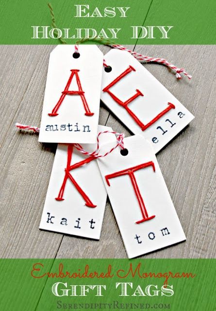 Easy Holiday Diy, Diy Name Tags, Repurposed Crafts, Diy Christmas Tags, Monogram Gift Tags, Tags Diy, Gift Tags Diy, Embroidered Gifts, Embroidered Monogram