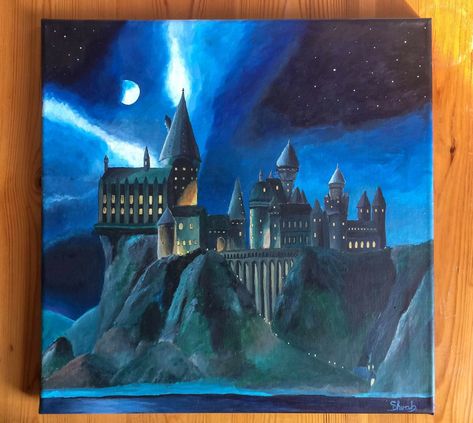 Hogwarts Painting Easy, Hogwarts Castle Painting, Harry Potter Canvas Art, Hogwarts Painting, Beginner Painting On Canvas, Painting On Canvas For Beginners, Harry Potter Art Drawings, Canvas Painting For Beginners, Harry Potter Painting