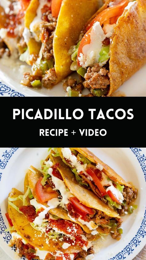 A collage with two photos of picadillo tacos and with text overlay. Green Chili Picadillo Tacos, Tex Mex Tacos Ground Beef, Picadillo Tacos Ground Beef, Mexican Tacos Authentic Ground Beef, Hamburger Tacos Recipes, Best Tacos Ground Beef, Authentic Mexican Ground Beef Tacos Recipes, Caldillo Beef Recipe Taco, Potato And Ground Beef Tacos