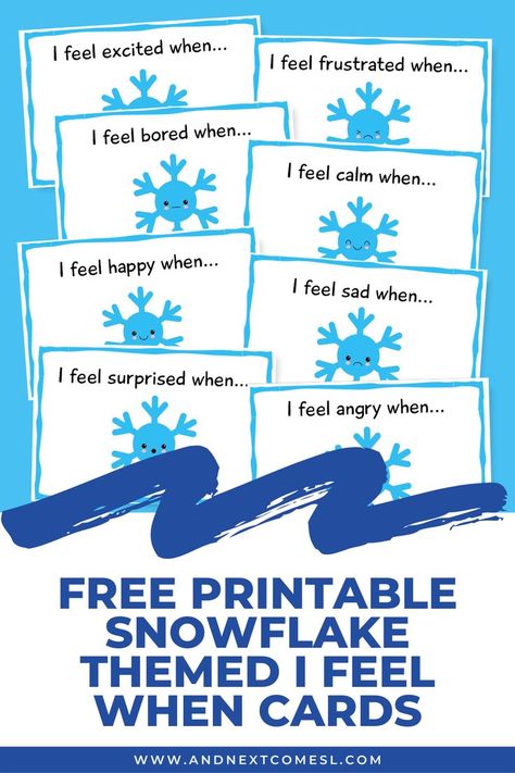 Screenshots of emotion I feel when cards with snowflake emojis. There is a text overlay in navy that says "Free Printable Snowflake Themed I Feel When Cards" Social Emotional Activities Preschool, Anger Worksheets, I Feel Bored, Teaching Emotions, Emotions Cards, Emotions Activities, Social Emotional Activities, Winter Preschool, Feeling Excited