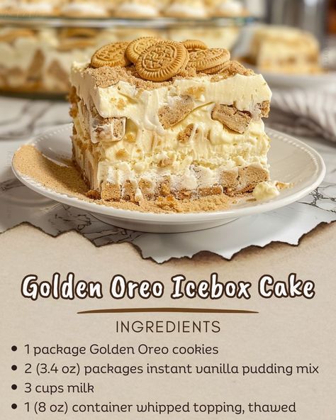 Recipes Mentor | 🍰 Golden Oreo Icebox Cake 🍰 📋 Ingredients: 🍪 1 package Golden Oreo cookies 🥛 2 (3.4 oz) packages instant vanilla pudding mix 🥛 3 cups… | Instagram Golden Oreo Dirt Cake, Golden Oreo Desserts, Golden Oreo Recipes, Golden Oreo Cake, Vanilla Oreos, Golden Oreo Cookies, Dipping Cookies, Oreo Icebox Cake, Oreo Dirt Cake