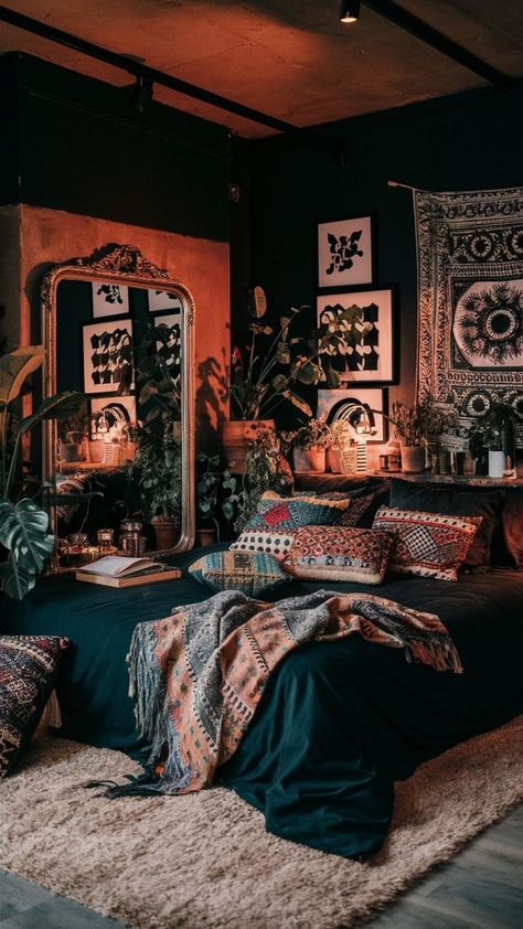 A cozy and stylish black boho-inspired bedroom, beautifully captured in a photo. The room features warm, dim lighting with a blend of dark and earthy tones. The bed is draped with an assortment of colorful patterned throw pillows, while a large, ornate mirror reflects the room's cozy ambiance. The walls are adorned with an eclectic mix of black and white framed art and a bohemian-style tapestry. A variety of potted plants add life to the space, and a soft, plush rug covers the floor., photo Bedroom With Tapestry Ideas, Dark Boho Chic Bedroom, Earthy Dark Academia Bedroom, Emo Boho Bedroom, Black Eclectic Bedroom, Boho Bedroom Dark Wood, Moody Bohemian Bedroom, Dark Boho Interior Design, Dark Boho Apartment