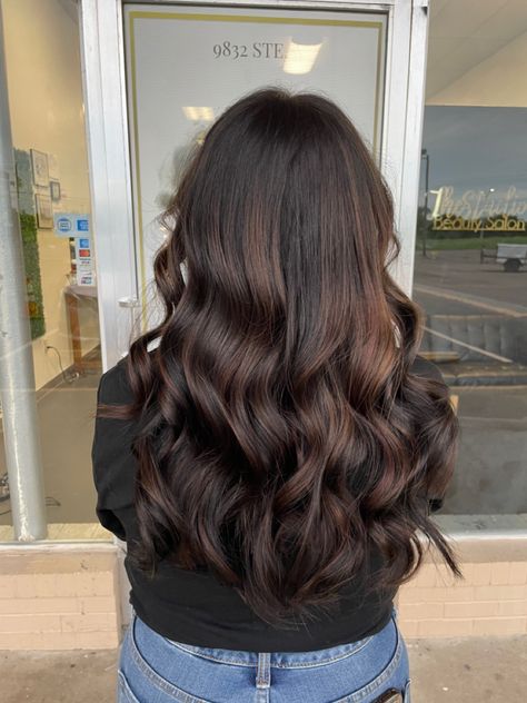 Reverse Balayage Brunette Dark Brown, Balayage On Dark Brown Hair, Dark Caramel Balayage, Black Hair With Brown Highlights, Dark Chocolate Hair, Balayage Straight, Autumn 23, Black Hair Balayage, Dark Brunette Hair