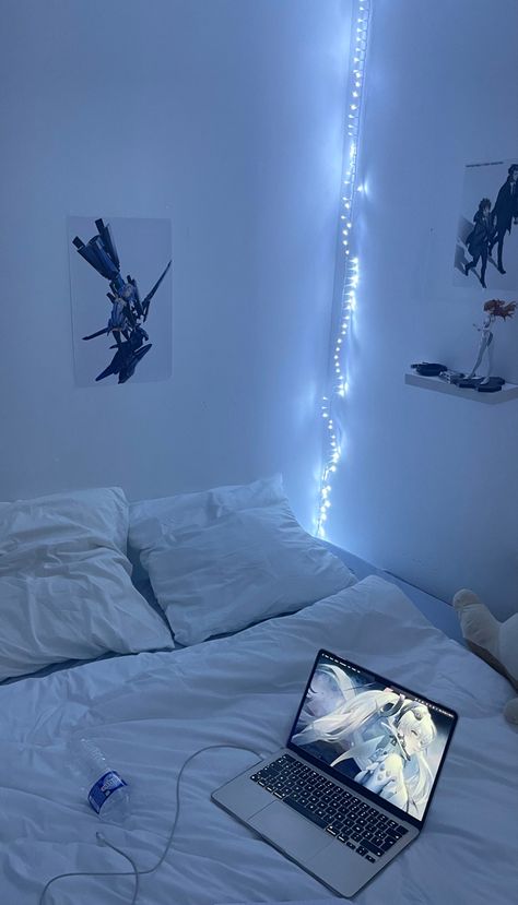 Bedroom Ideas Cybercore, Blue Cybercore Bedroom, White And Blue Room Aesthetic, Cybercore Bedroom, Cybercore Room, Blue Cybercore, Futuristic Room, Dark Blue Rooms, Ocean Room Decor