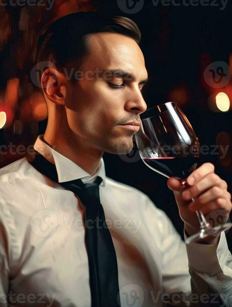 Enjoying the best wine Confident young man in waistcoat and bow tie keeping eyes closed while holding wine glass with red wine and smelling it, Generative AI Holding Wine Glass Pose, Drinking Wine Pose, Man Drinking Wine, Holding Wine, Vector Landscape, Drinking Wine, Best Wine, Eyes Closed, Wine Cups