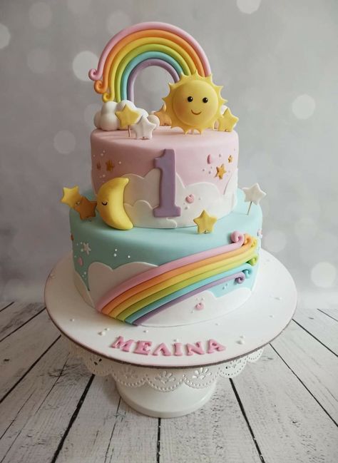 Rainbow Smash Cake 1st Birthdays, Pastel Cake Birthdays, Rainbow 1st Birthday Cake, Rainbow Themed Cake, Sunshine Birthday Cakes, Sunshine Birthday Theme, Healthy Smash Cake, Rainbow Layer Cakes