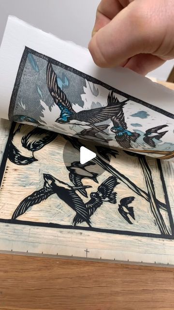 Nick Wroblewski on Instagram: "Printing black to finish this woodcut of tree swallows. I’ll be letting them dry in the rack and then stamping, signing, and numbering. So for everybody interested, I’ll post soon when these prints are available for purchase.  #woodcut #woodcuts #blockprint #blockprinting #woodblock #woodcutprint #woodblockprint #woodblockprocess #woodcutartist #woodcarving #woodcutprocess #printmaking #reliefprint #print #reliefprintmaking #reductionprint #reductionwoodcut #handcarved #handprinted #handpulled #nickwroblewski #printmakersofinstagram #printmakersprocess #takach #takachpress #printmakingprocess #fiatlux" Woodcut Reduction, Wood Engraving Art Block Prints, Reduction Block Print, Raven Woodcut, Reduction Woodcut Print, Tree Swallow, Relief Printmaking, Wood Block Printing, Relief Print