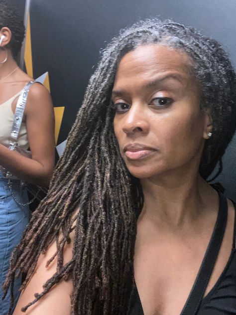 Women Over 40 With Locs, Grey Locs Black Women, Locs With Gray Roots, Women In Their 40s, Gray Locs Black Women, Grey And Black Locs Black Women, Gray Faux Locs Black Women, Grey Hair Locs, Grey And Black Faux Locs