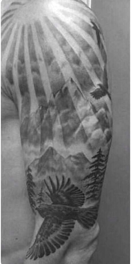 Sun And Clouds Tattoo Sleeve, Nature Shoulder Tattoo Men, Sun Through Clouds Tattoo, Sun Rays Tattoo Shoulder, Sun Tattoo Men Shoulder, Cloud Tattoo Shoulder, Mountain Tattoo Shoulder, Sun Sleeve Tattoo, Shoulder Cap Tattoo For Men