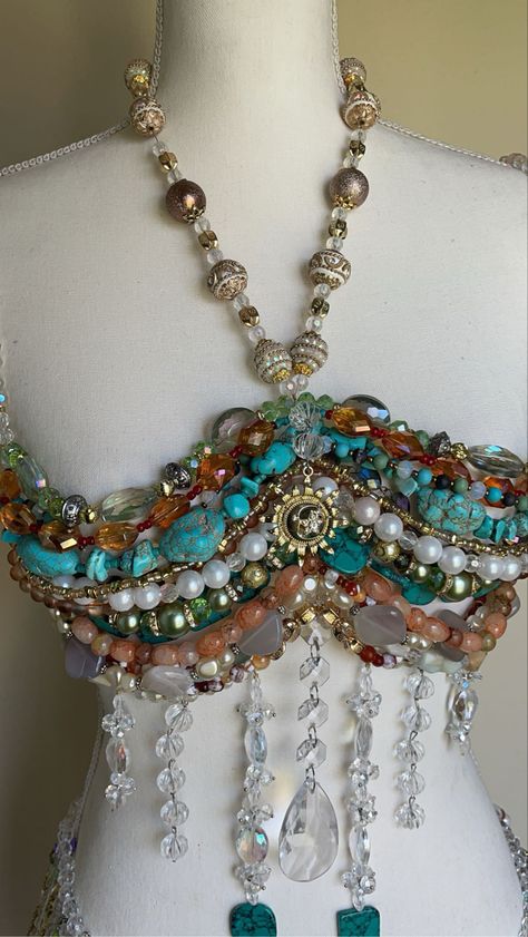 clothes , custom clothes , beads ,beaded jewelry , fashion , festival , angelic , fairy , jewelry , going out , outfit inspo crystals and stones Crochet Top With Crystals, Beaded Bralette Outfit, Goddess Core Outfit, Crystal Top Outfit, Beaded Tops Diy, Bead Top Diy, Beaded Bra Outfit, Fairy Inspo Outfit, Beaded Body Jewelry