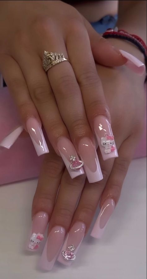 Paznokcie Hello Kitty, Kitty Nails, Long Acrylic Nail Designs, Girly Acrylic, Girly Acrylic Nails, Hello Kitty Nails, Short Square Acrylic Nails, Acrylic Nails Coffin Pink, Long Square Acrylic Nails