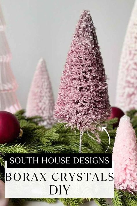 Give your holiday decor a frosty finish! This borax crystal DIY transforms bottle brush trees into enchanting, crystallized creations. Head over to South House Designs for more holiday decor inspiration! Borax Crystal Snowflakes, Borax Crystals Diy Christmas, Diy Bottle Brush Christmas Tree, How To Make Bottle Brush Trees, Decorating With Bottle Brush Trees, Diy Bottle Brush Trees, Pipe Cleaner Crystals, Bottle Brush Tree Crafts, Borax Crafts