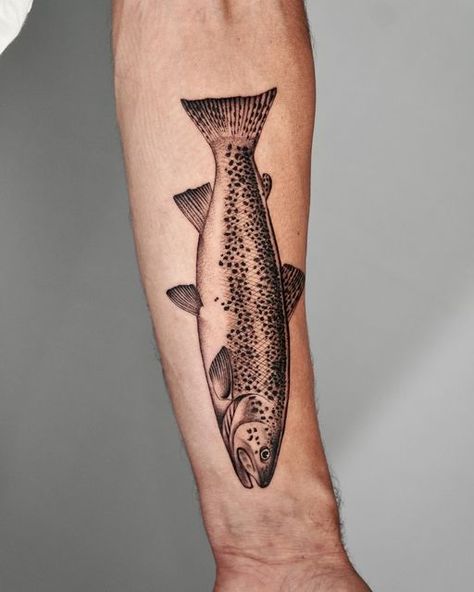 _bootattoos on January 29, 2024: "Trout tattoo ⛓️ DM TO BOOK IN SYDNEY February 5th-8th Done @corner_store_studio . . . . ...." Steelhead Trout Tattoo, Rainbow Trout Tattoo Black And White, Cutthroat Trout Tattoo, Steelhead Tattoo, Trout Tattoos For Men, Appalachia Tattoo, Fisherman Tattoo, Lobster Tattoo, Trout Tattoo