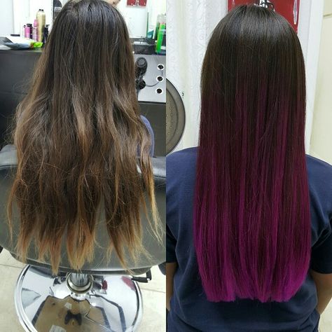 Magenta ombre wild orchid ombre @ocdiva1983 Dark Purple To Pink Ombre Hair, Magenta Underneath Hair, Magenta Peekaboo Hair, Dark Pink Balayage, Magenta Ombre Hair, Eggplant Hair, Indian Hair Cuts, Orchid Hair, Pink Ombre Hair