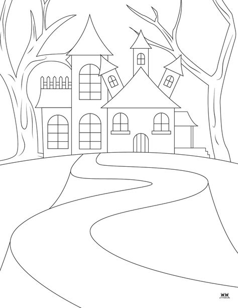 Haunted House Coloring Pages - 25 FREE Pages | Printabulls Free Printable Halloween Cards, Haunted House Coloring, House Coloring Pages, Printable Halloween Tags, Halloween Borders, Halloween Word Search, Witch Coloring Pages, What Is Halloween, House Colouring Pages