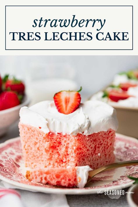 This easy strawberry tres leches cake starts with a box of strawberry cake mix, soaks in a creamy strawberry milk mixture, and includes whipped cream and fresh strawberries on top. A fun, flavorful twist on a classic Mexican dessert! Raspberry Tres Leches Cake, Strawberry Leches Cake, Strawberry Tres Leches Cake, Strawberry Tres Leches, Easy Burrito Recipe, Cool Whip Frosting, Strawberry Things, Tres Leches Cake Recipe, Homemade Nachos