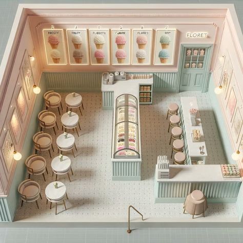 Compact Ice Cream Shop Floor Plan | Frosty Florets Design Ice Cream Store Design Ideas, Cute Cafe Layout, Mall Cafe Design, Ice Cream Shops Interior Design, Bloxburg Ice Cream Shop Ideas, Ice Cream Shop Layout, Bakery Shop Floor Plan, Mini Shop Ideas, Bakery Decorations Interior