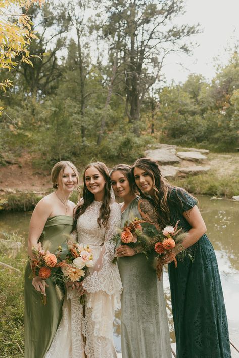 Green Palate Bridesmaid Dresses, Olive Green Mismatched Bridesmaid Dress, Fall Wildflower Bridesmaid Dresses, Three Bridesmaids Mismatched, Mismatched Sage Bridesmaid Dresses, Fall Mismatched Bridesmaid Dresses, Mismatched Bridesmaid Dresses Green, Sage Green Bridesmaid Dresses Mismatched, Green Mismatched Bridesmaid Dresses