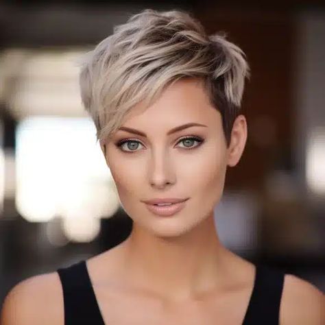 Blonde Highlights On Dark Brown Hair Short, Grey Blonde Short Hair, Chestnut Pixie Hair, Brunette Pixie With Blonde Highlights, Blonde Highlighted Pixie, Highlights For Short Hair Brown, Blonde Pixie With Dark Roots, Cool Blonde Highlights Short Hair, Pixie Haircut With Blonde Highlights