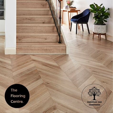 It's hard to go passed the real deal. 21mm European Oak in Cannes colour pictured in a Chevron with matching stairs. 😍 Parquetry, Design Statement, Parquet Flooring, Herringbone Pattern, Carpet Flooring, Renovation Project, Layers Design, Colorful Pictures, Cannes